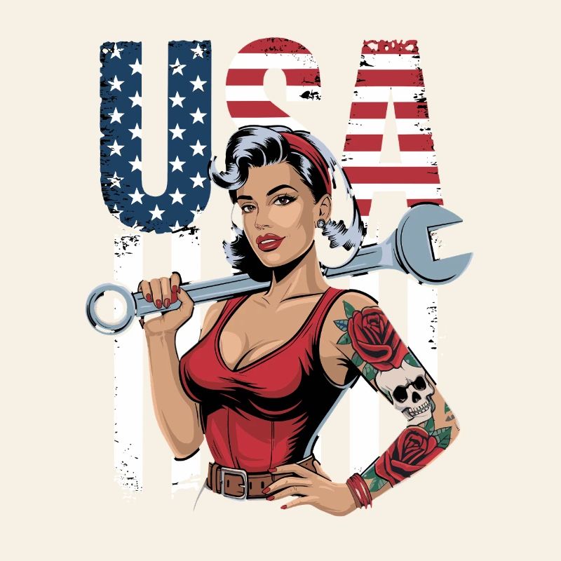 Femme forte avec une clé à molette devant le drapeau des États-Unis