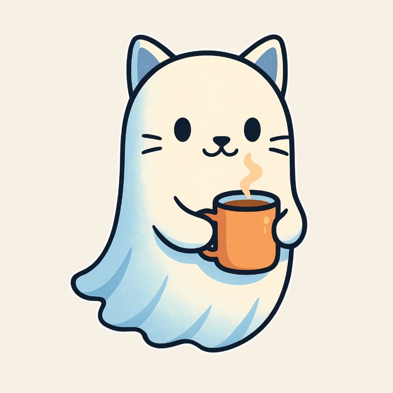 Coffee Ghost Cat with Mug