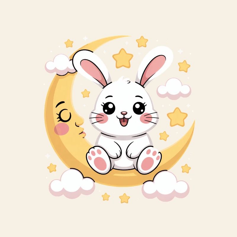 Cute bunny on crescent moon with stars