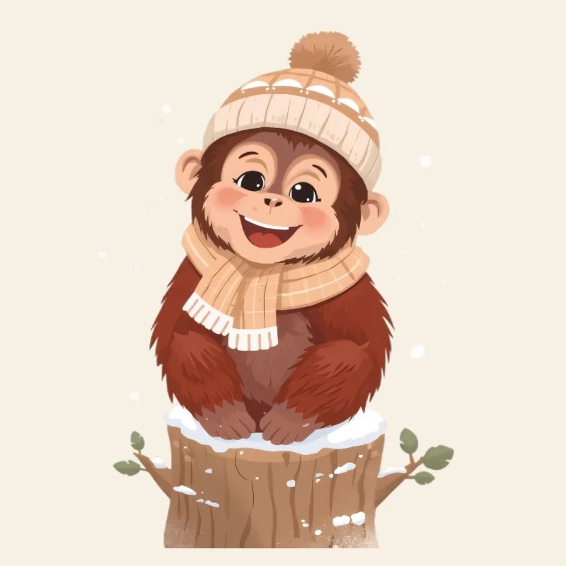 Winter monkey on tree stump