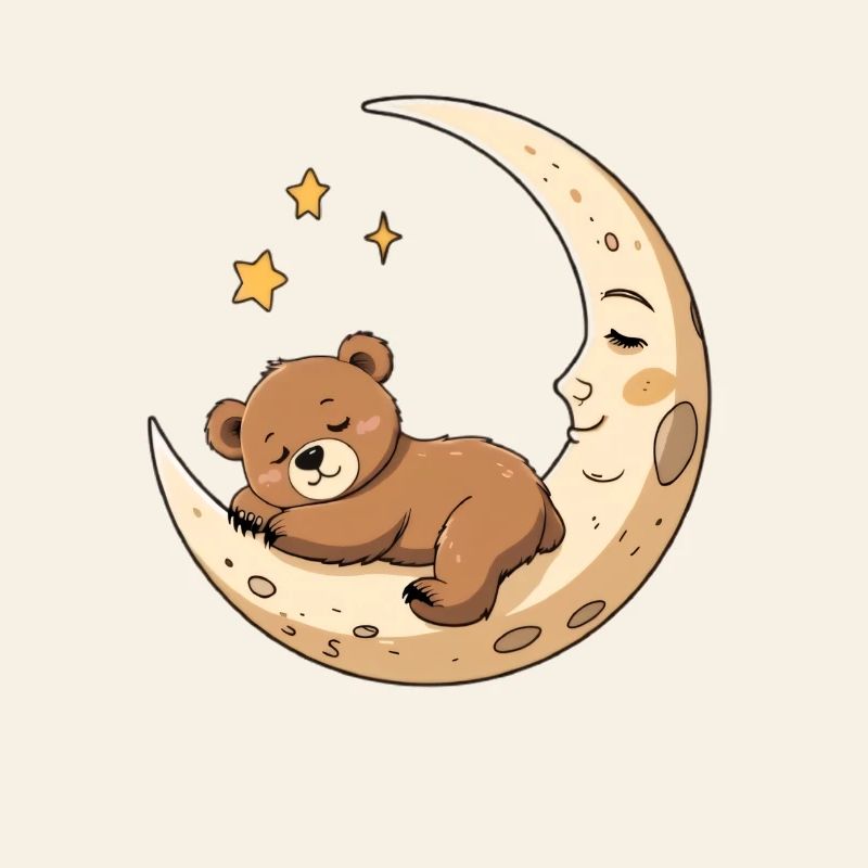 Sleeping Bear on Crescent Moon Illustration