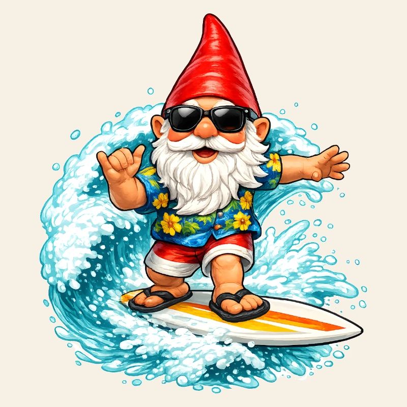 Surfing garden gnome on the wave