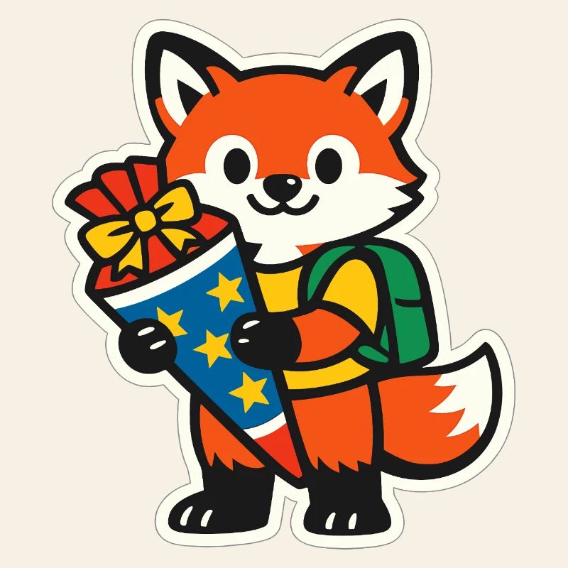 Fox with gift and backpack school enrollment