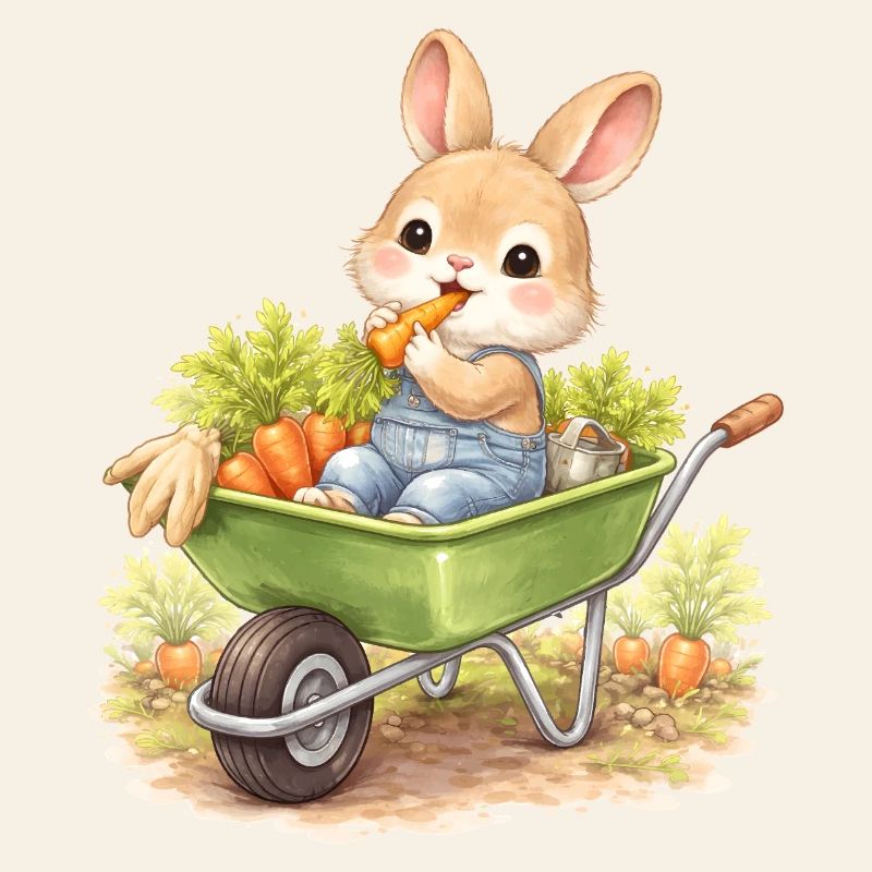 Cute bunny with carrots in wheelbarrow
