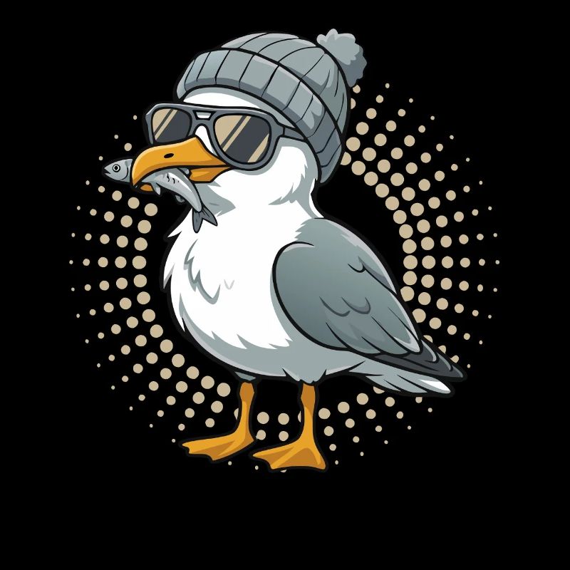 Mouette mouette de la lune avec casquette et poisson dans la bouche