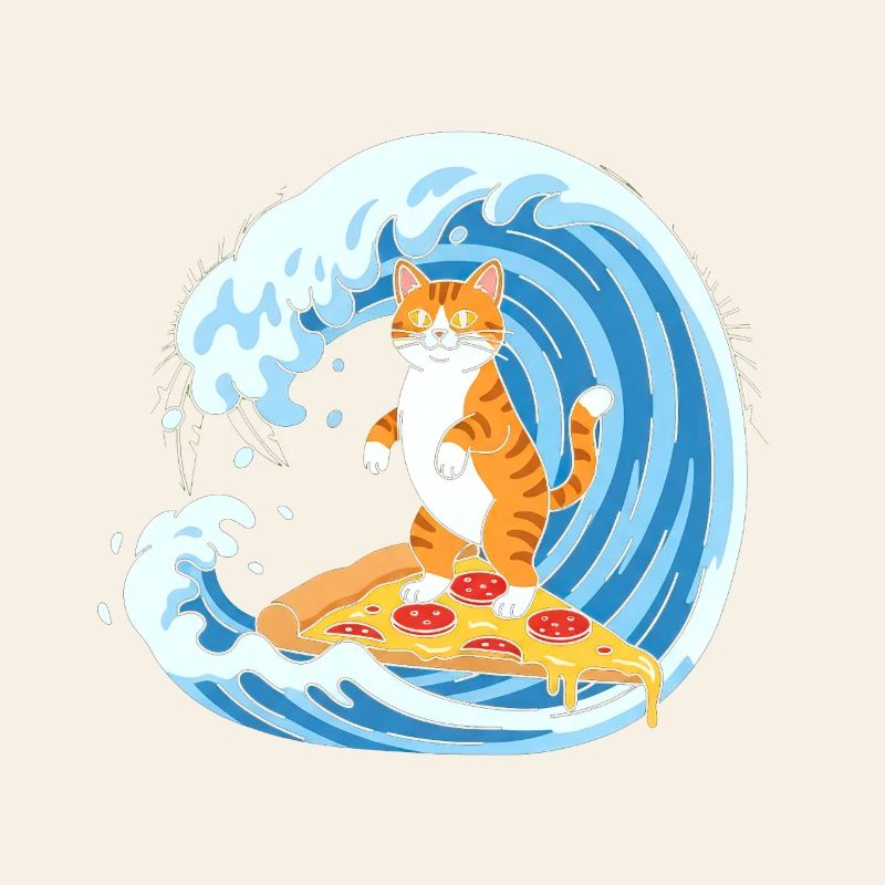 Surfer cat on pizza wave