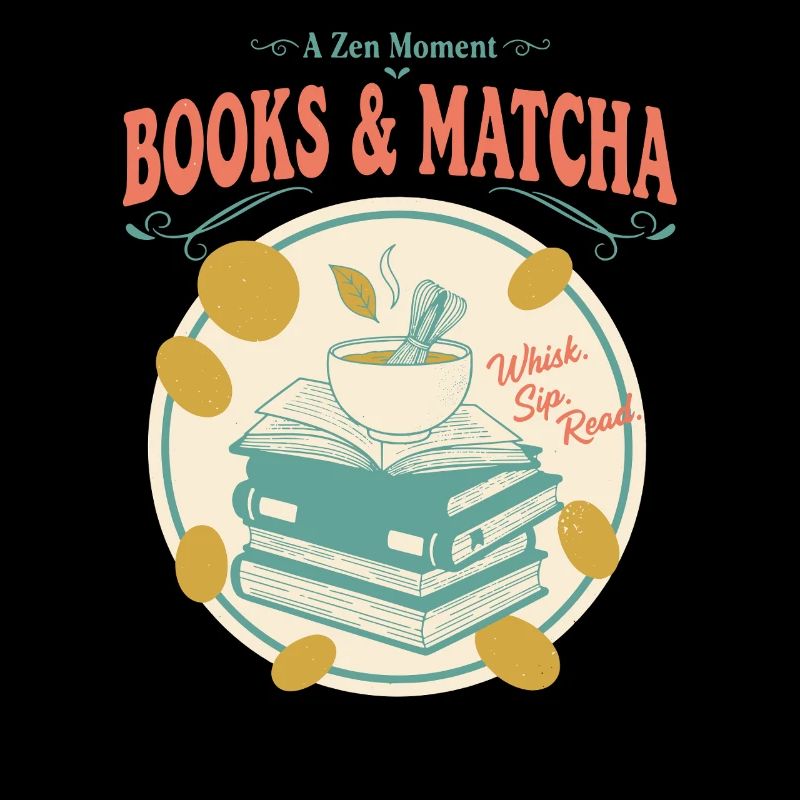 Bücher und Matcha, ein Zen-Moment Whisk Sip Luck Read