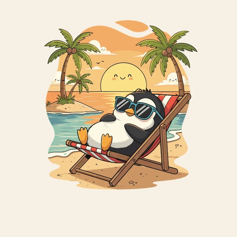 Pingouin sur la plage au coucher du soleil