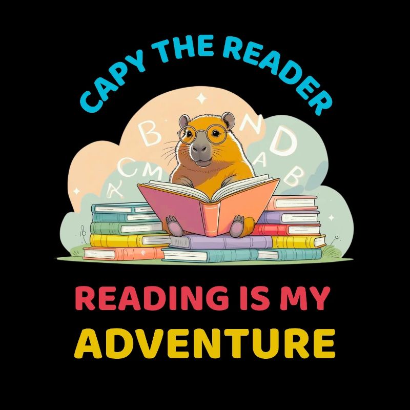 funny capybara reading between stacks of books