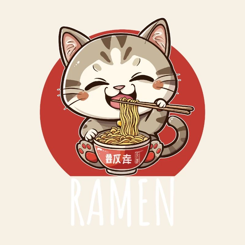 Retro Kawaii Cat Eats Ramen