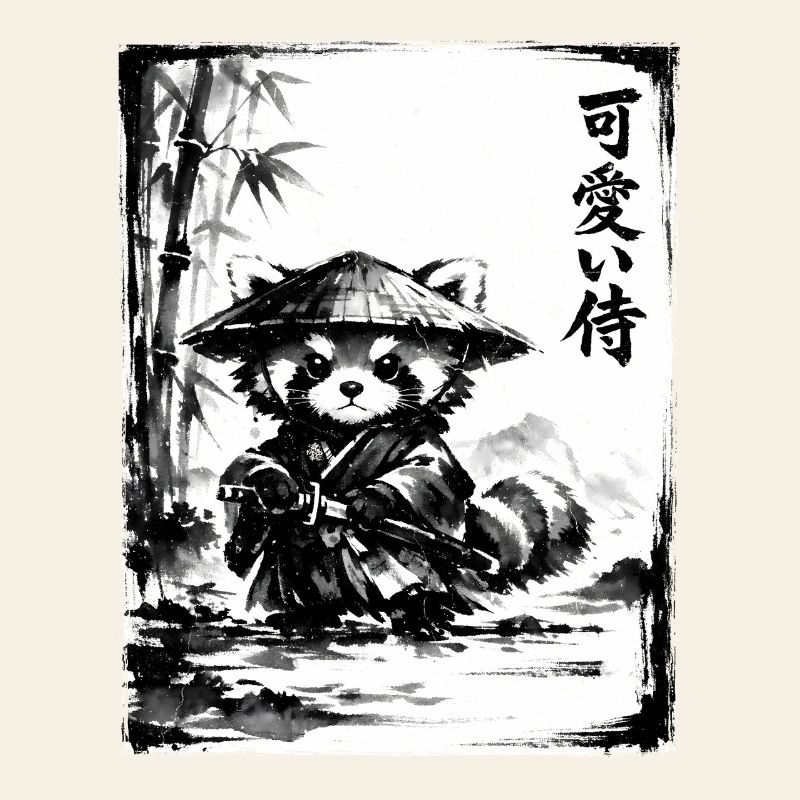 Samurai Red Panda Sumi-e Ink Drawing