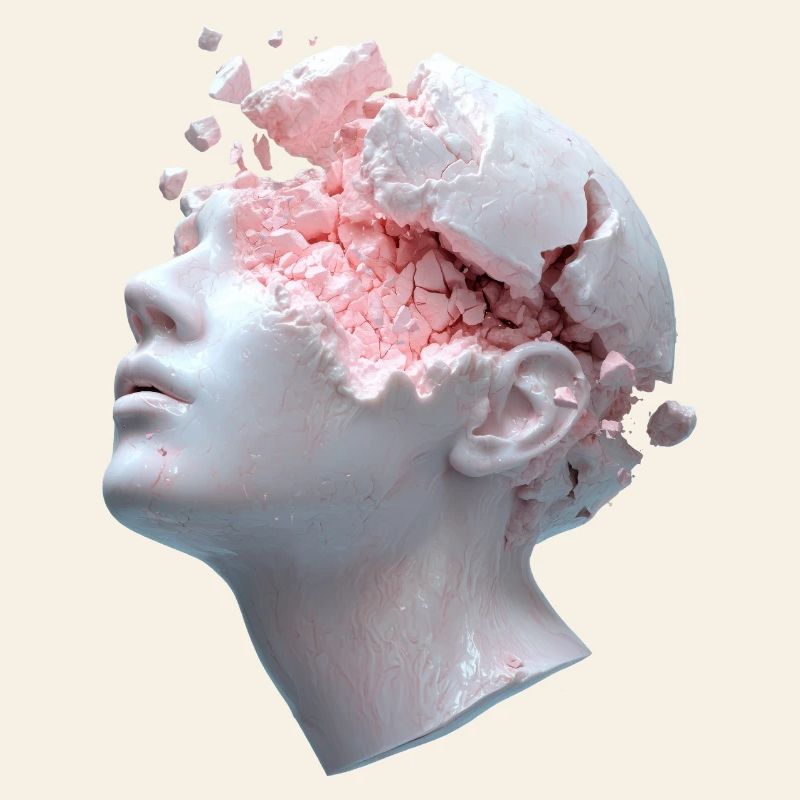 Decaying head, inner thoughts as debris