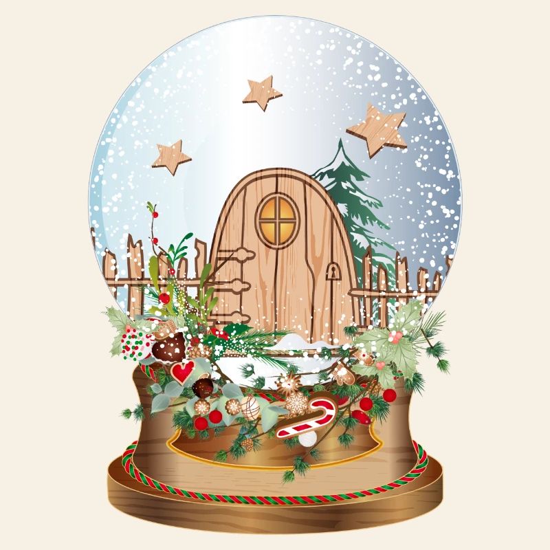 nostalgic snow globe with elves door