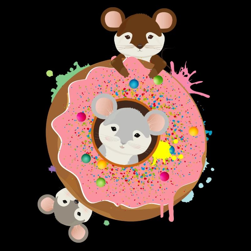 drei putzige Mäuse und ein Donut mit rosa Glasur