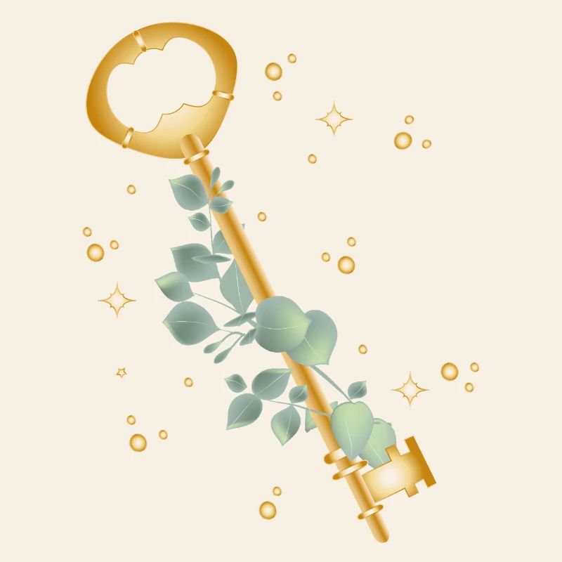 Golden Key with Eucalyptus Branch Motif