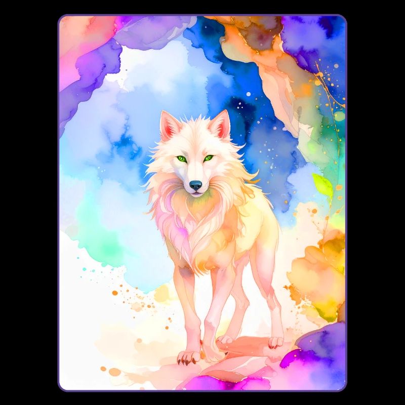 Weißer Wolf vor bunter Höhle