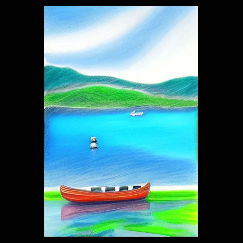 Landschaft mit See, Boot und Berge