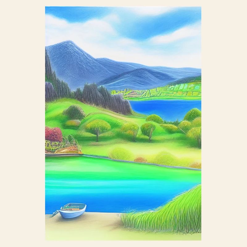 Landschaft mit See, Boot und Berge