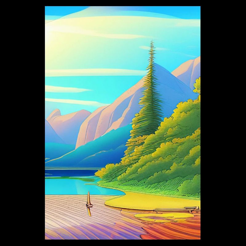 Landschaft mit See, Boot und Berge
