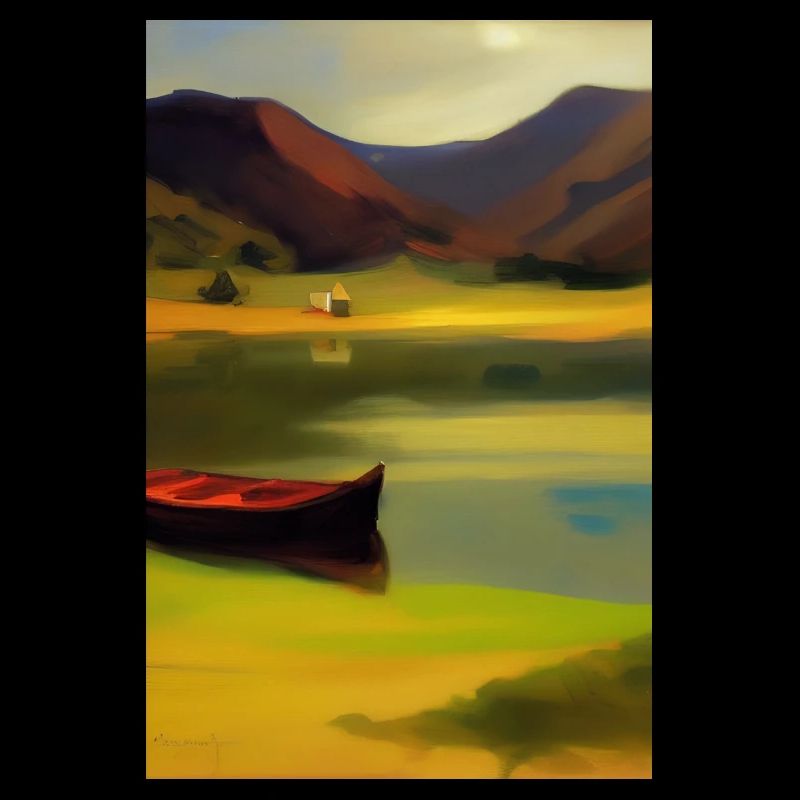 Landschaft mit See, Boot und Berge