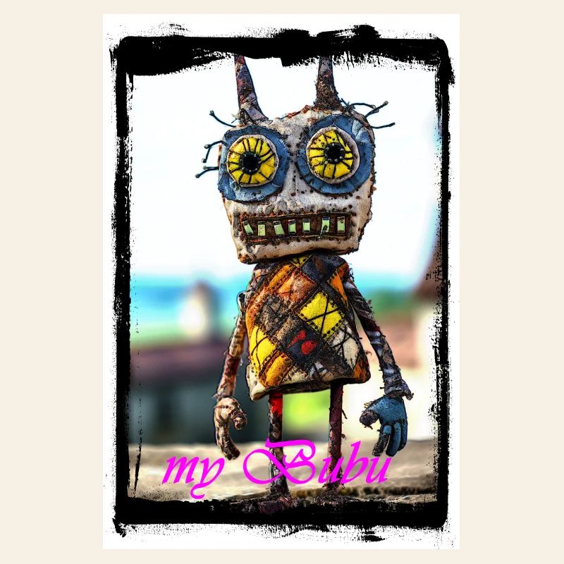 Colorful rag doll with a curious face