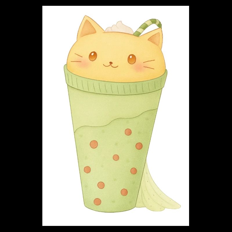 Kawaii Cat in Mint Bubble Tea