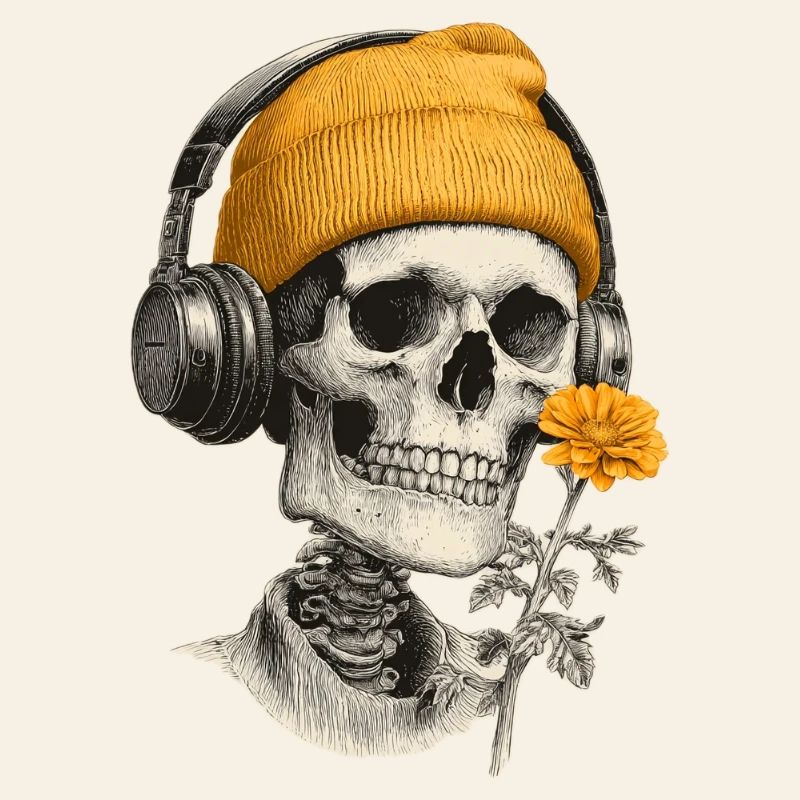 Crâne avec capuchon jaune et casque