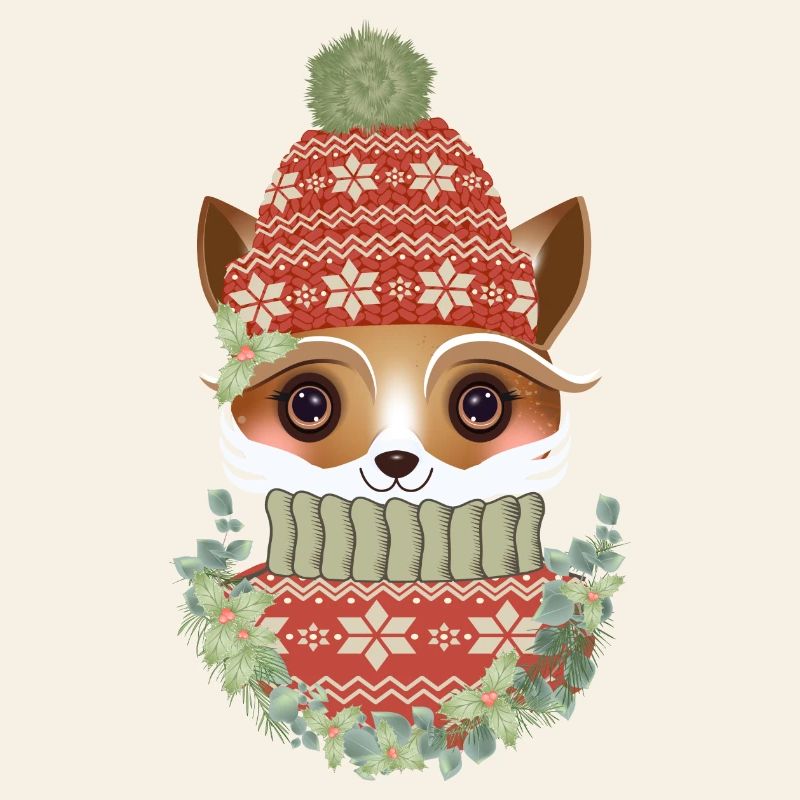 cute fox with sweater, bobble hat & wreath