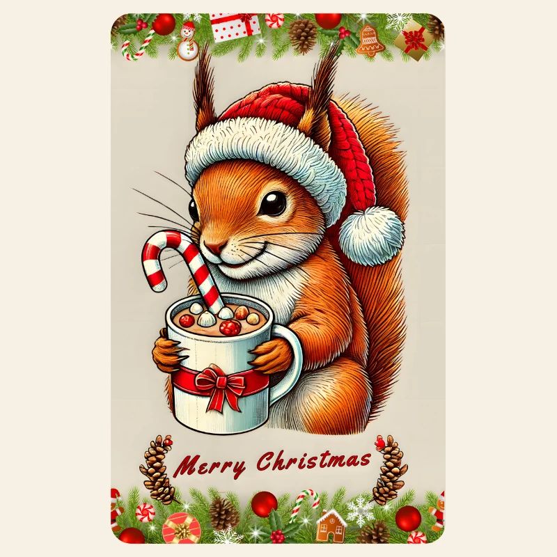 Weihnachts-Eichhörnchen mit heißer Schokolade