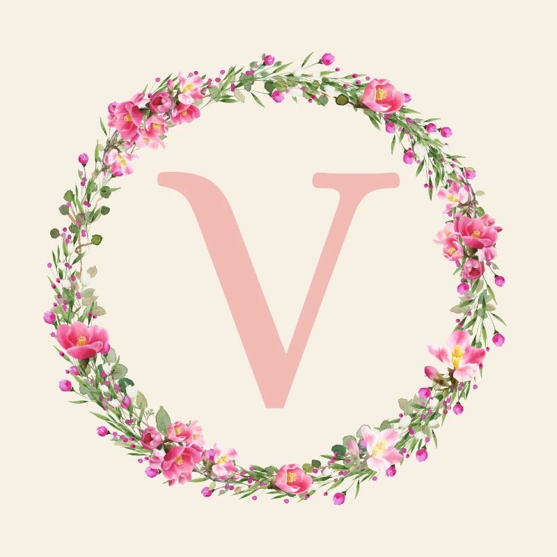 V Monogram, Flower Wreath, Personalizable
