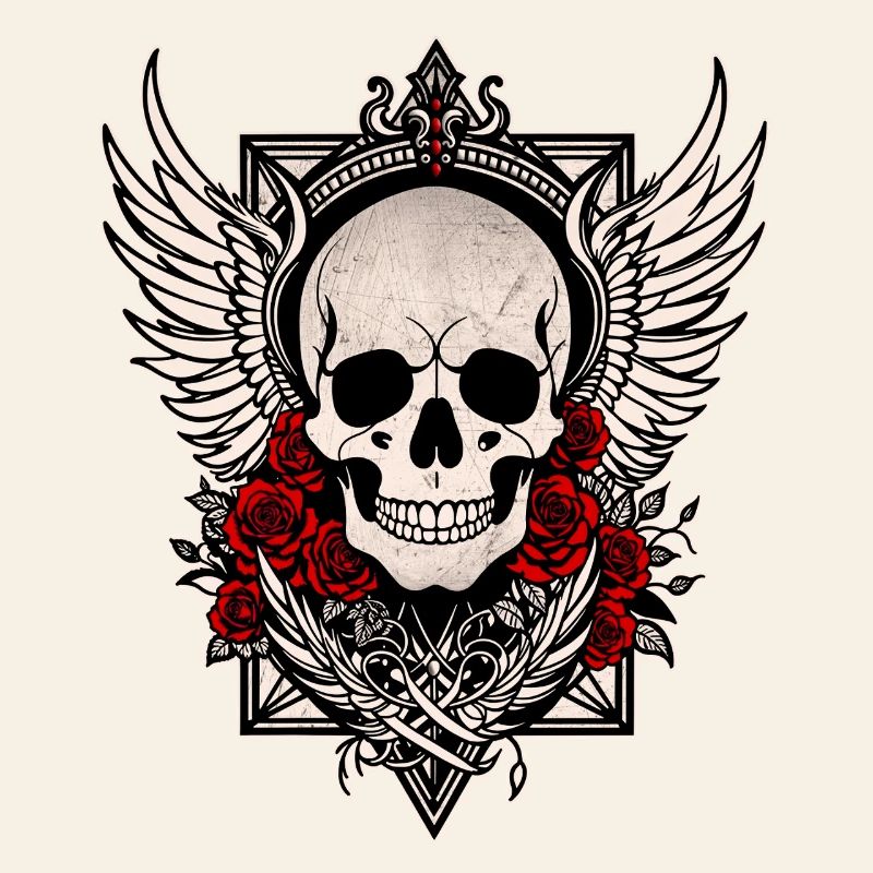 Tête de mort skull ailes d'ange roses rouges goth