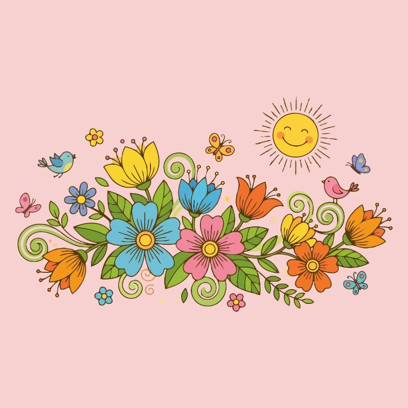 Le printemps fleurit les fleurs et les oiseaux au soleil