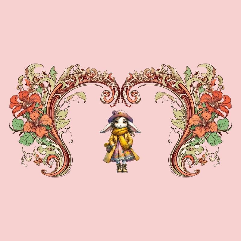 Cadre de fleurs en forme de cœur - Petit lapin mignon