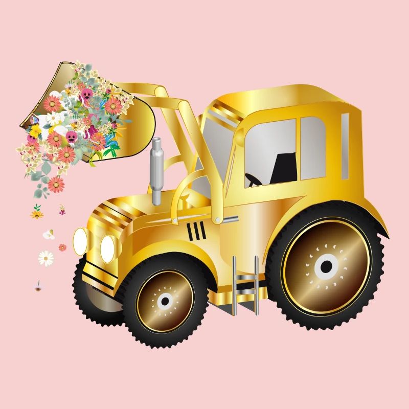 Tractor front loader with blossom flowers and greenery