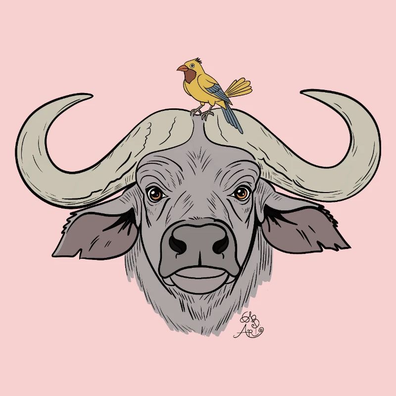 Stämmiger Büffel mit Singvogel