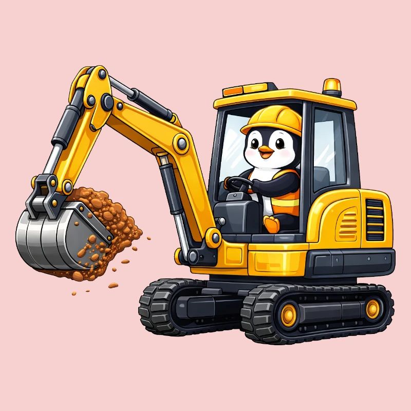 Cute Penguin Excavator Driver Construction Worker Cartoon