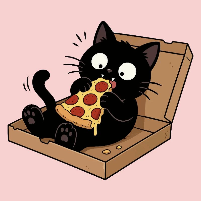 Black cat enjoying pizza