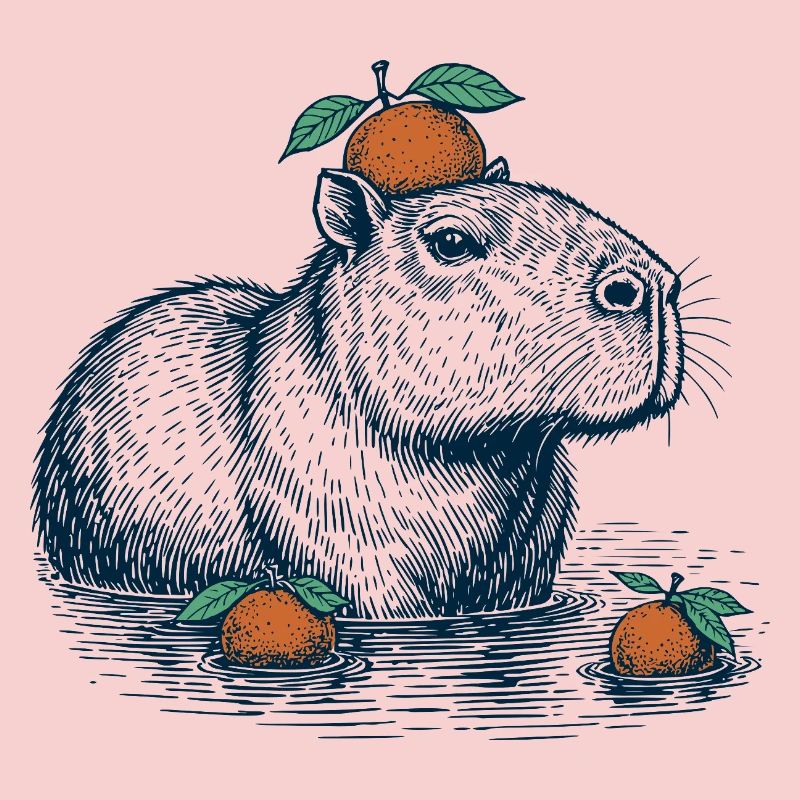 Capybara mit Orange auf dem Kopf