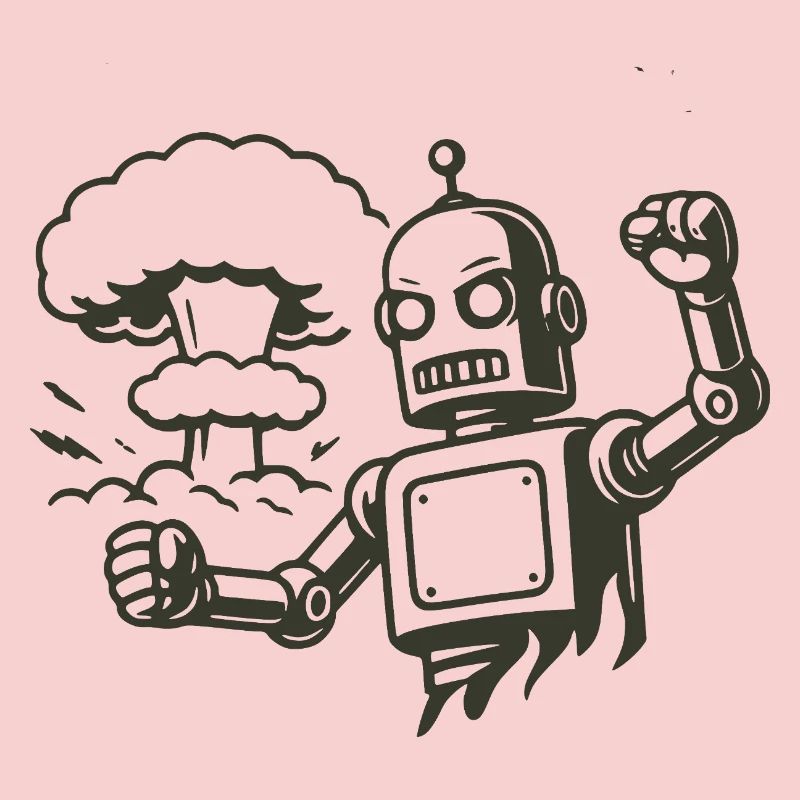 Robot rétro devant un nuage d’explosion