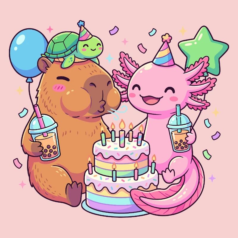 Capybara Axolotl Turtle Birthday Cake Party