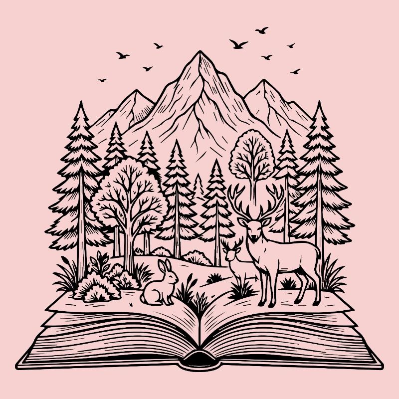 Offenes Buch mit Wald, Hirsch & Kaninchen Design
