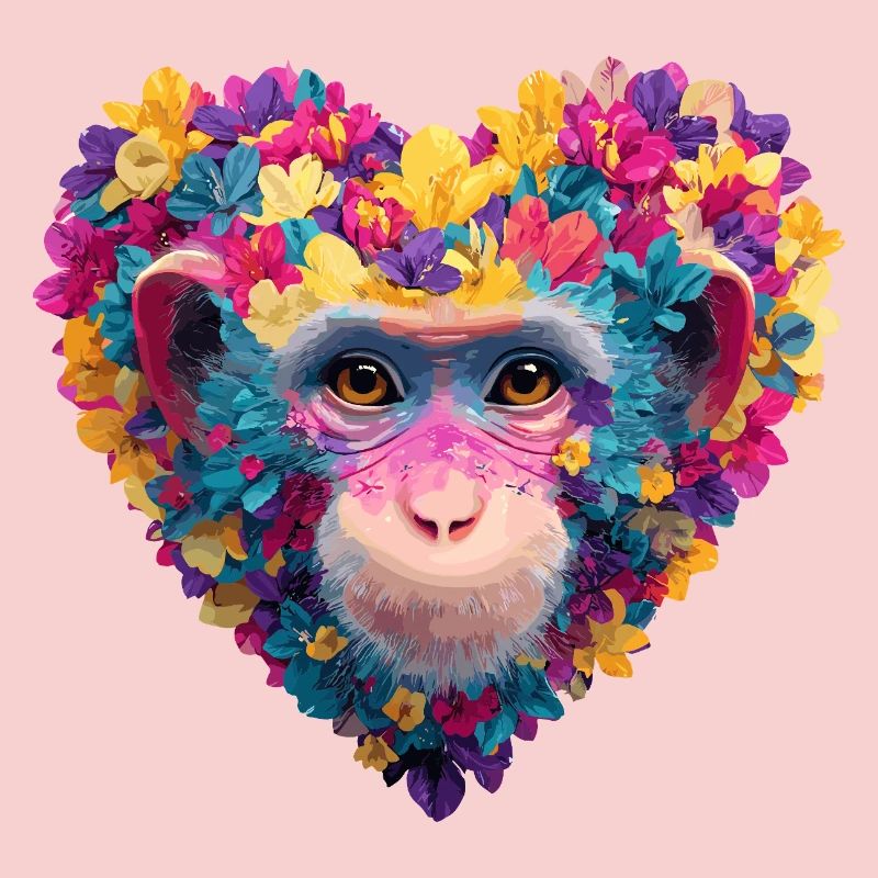 Jeu de couleurs cœur de singe avec guirlande de fleurs