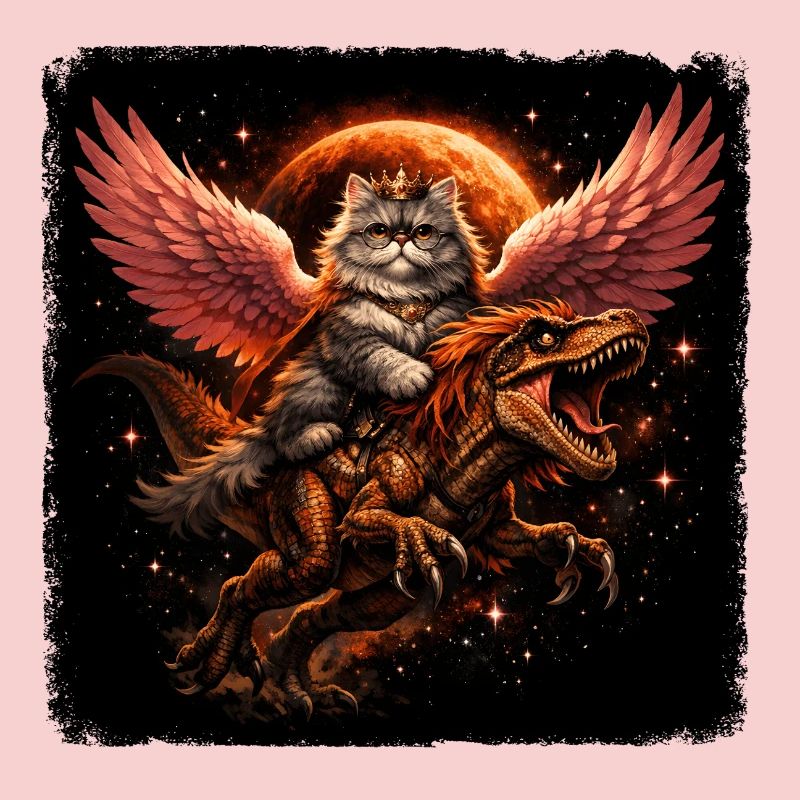 Reine des chats sur T-Rex avec des ailes dans l’espace