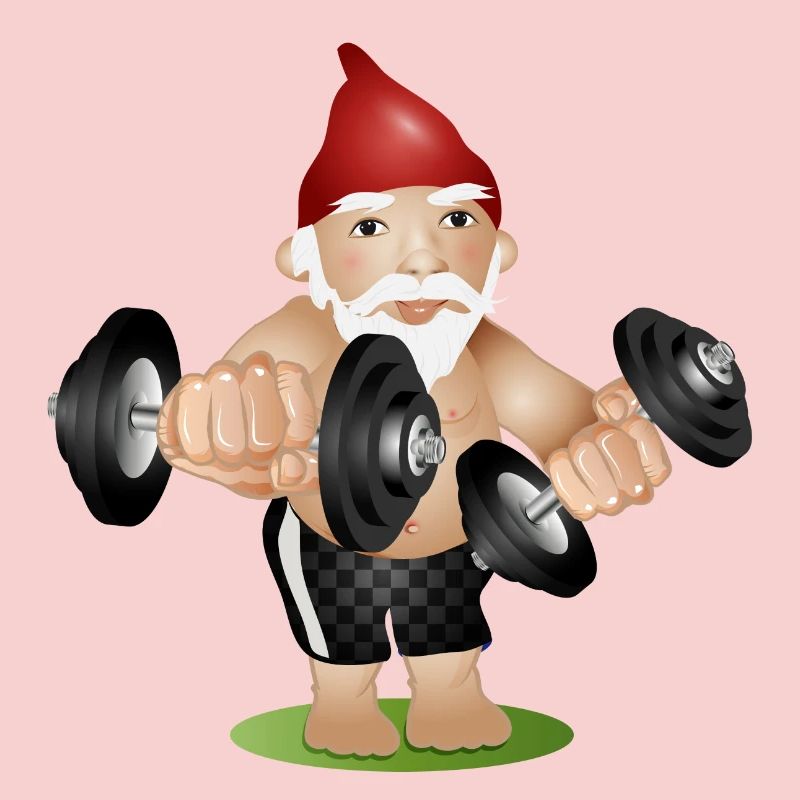 Bodybuilder Gartenzwerg mit Hanteln beim Training