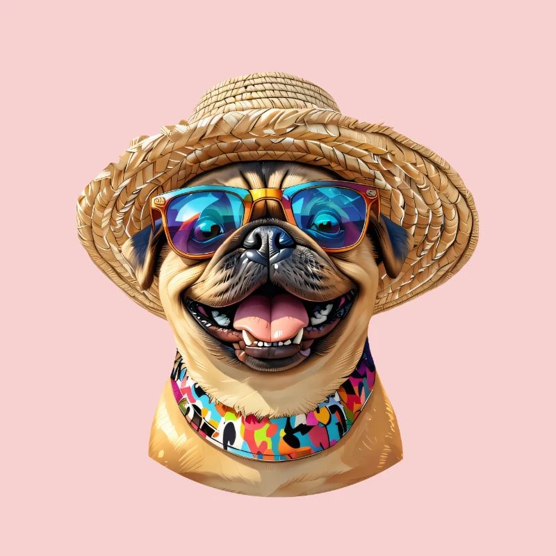 Fröhlicher Mops mit Sonnenbrille & Strohhut