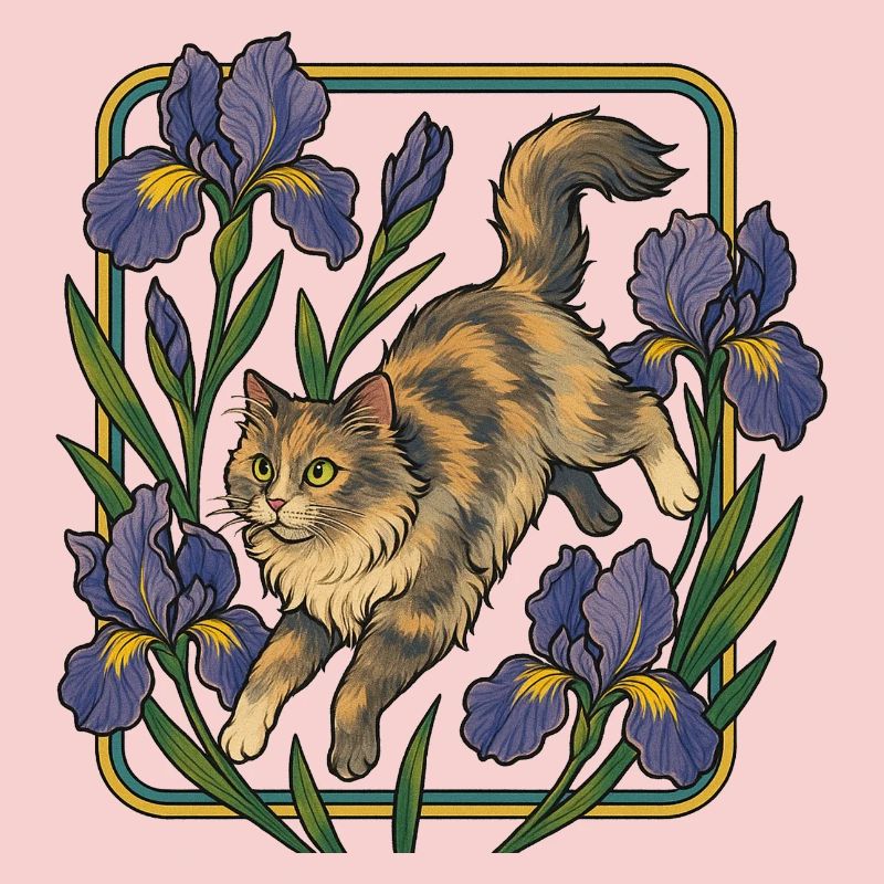 Chat élégant parmi les fleurs d'iris