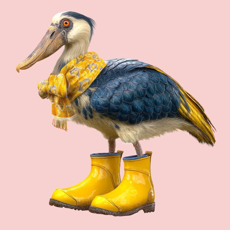 Oiseau à bec-en-sabot créatif dans des bottes en caoutchouc
