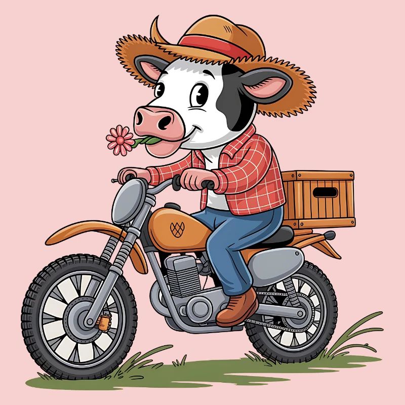 Adventurous cow on motorcycle