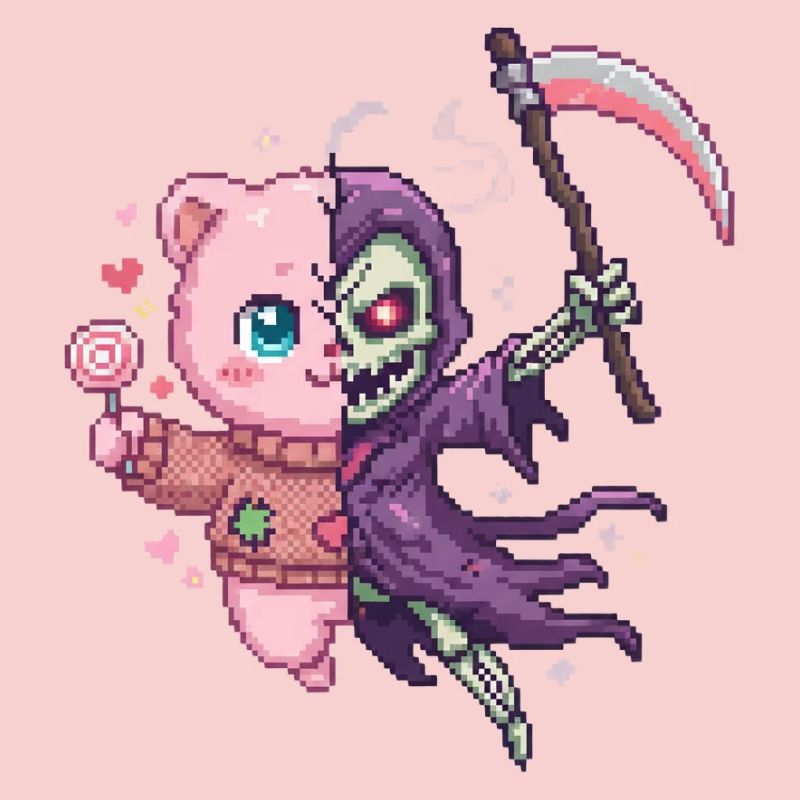 Creepy Cute Teddy Bear & Grim Reaper Pixel Art