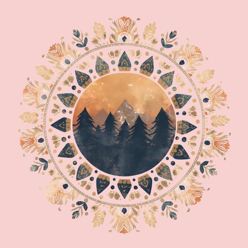 Boho Mandala with Forest & Mountains in Sunlight
